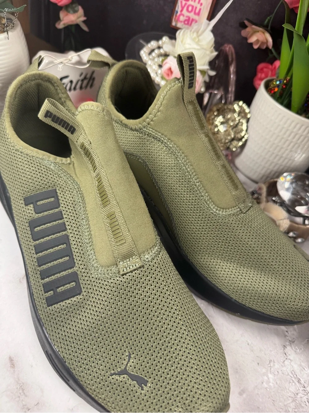 PUMA Men's Olive Green Slip-On Mesh Sneakers with Black Sole NWOT